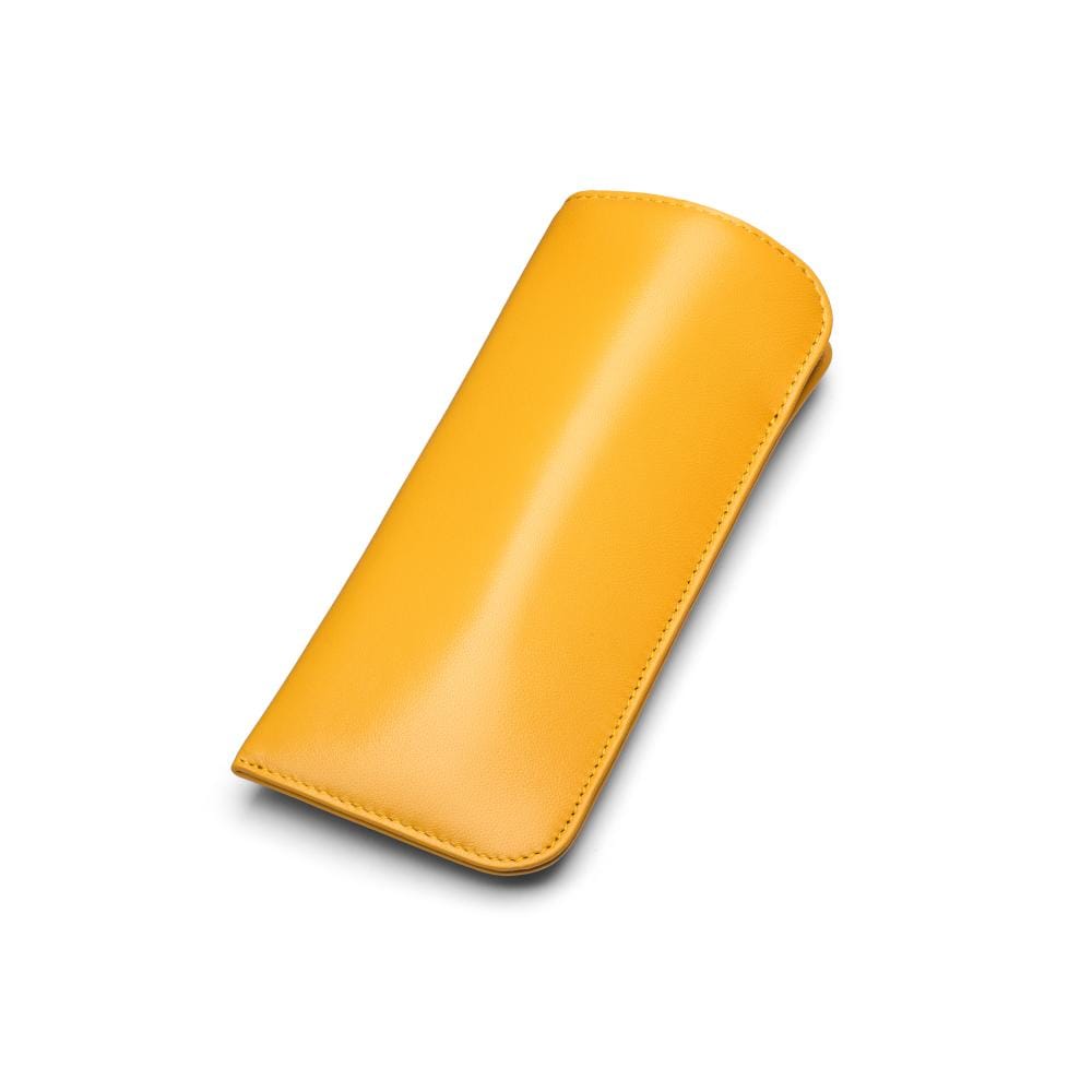 Large leather glasses case. soft yellow, front