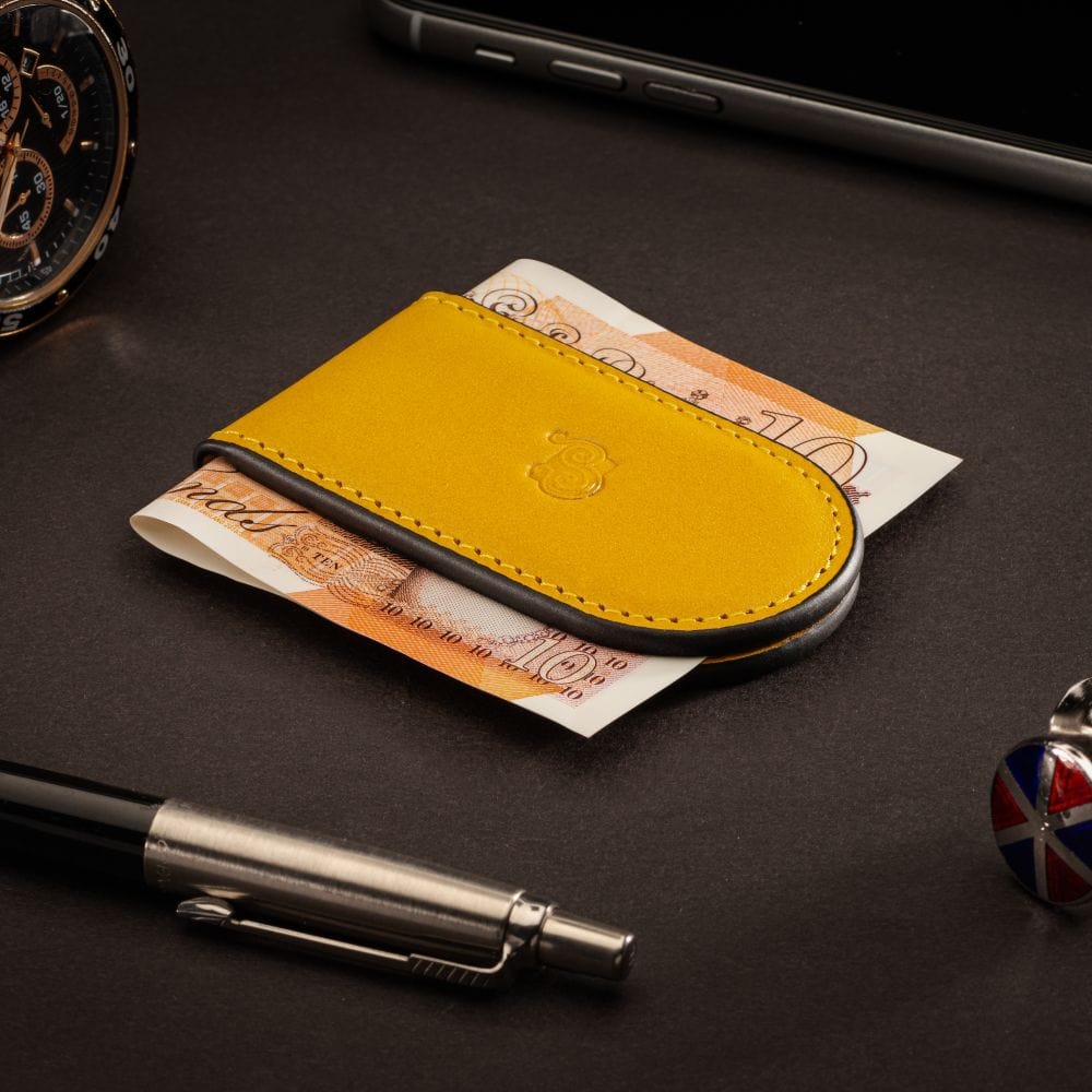 Leather Magnetic Money Clip, yellow, lifestyle