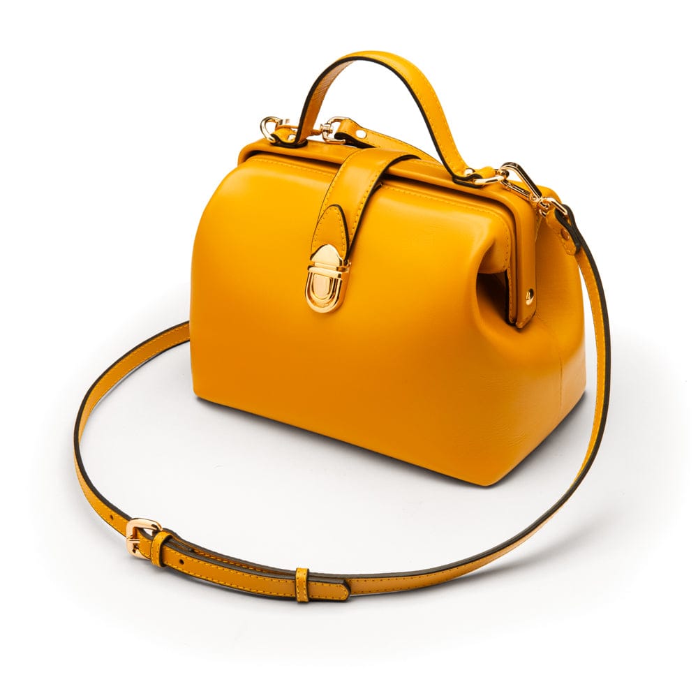 Mini leather Gladstone bag, yellow, with shoulder strap