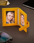 Mini leather passport photo frame, yellow 60 x 40mm, lifestyle