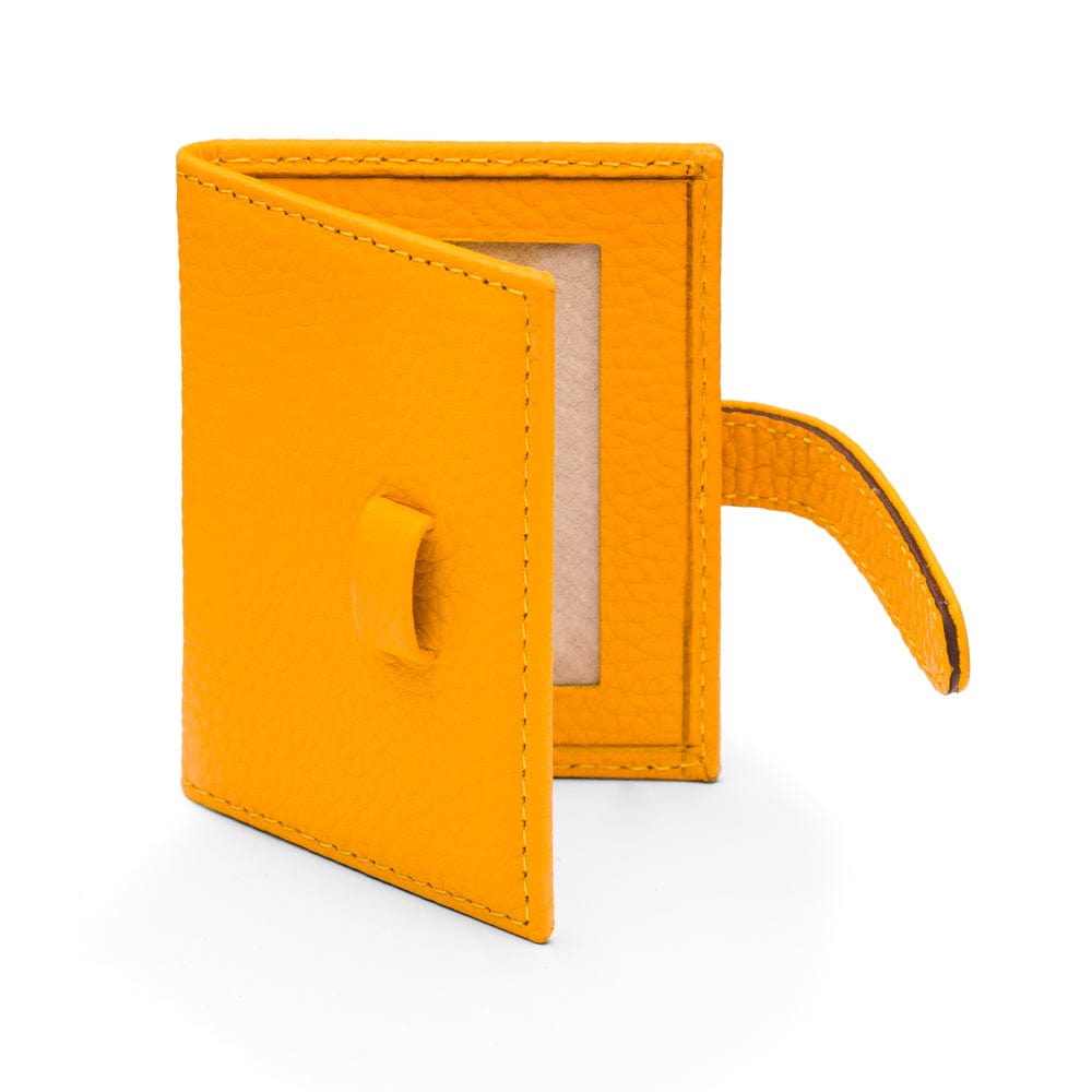 Mini leather passport photo frame, yellow 60 x 40mm, open