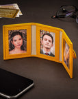 Mini leather trifold photo frame, yellow, 60 x 40mm, lifestyle