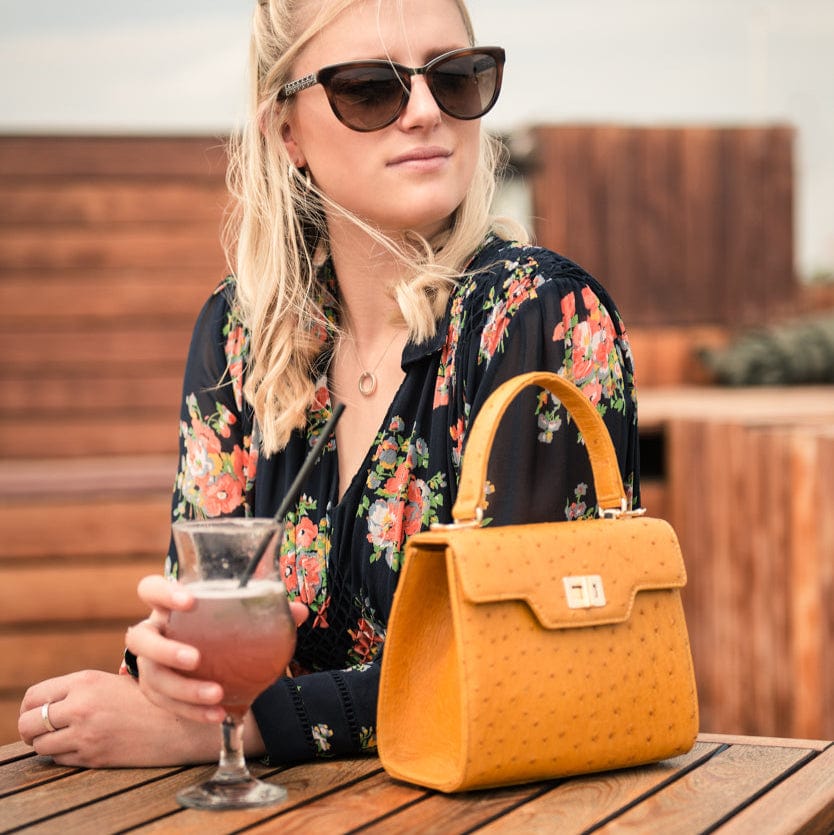 Mini Ostrich Leather Morgan Bag, Yellow| Top Handle Bag | SageBrown