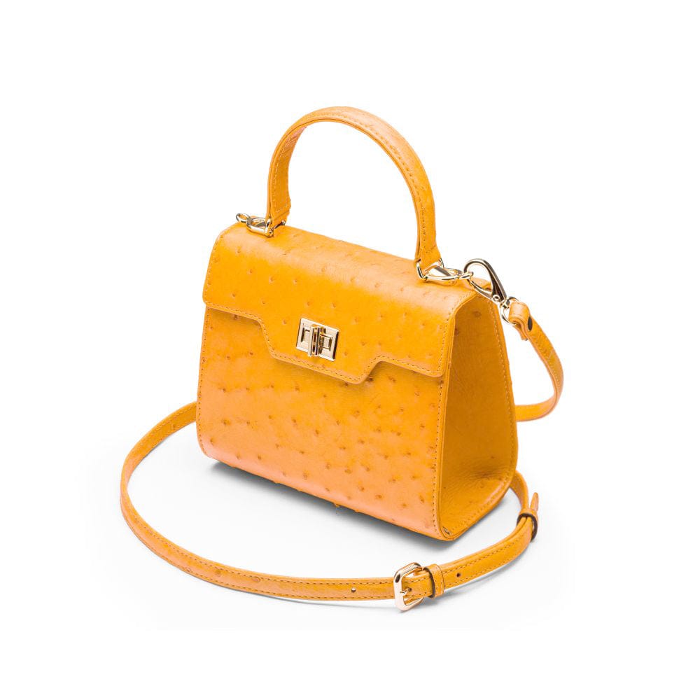 Mini ostrich leather Morgan Bag, top handle bag, yellow, side view