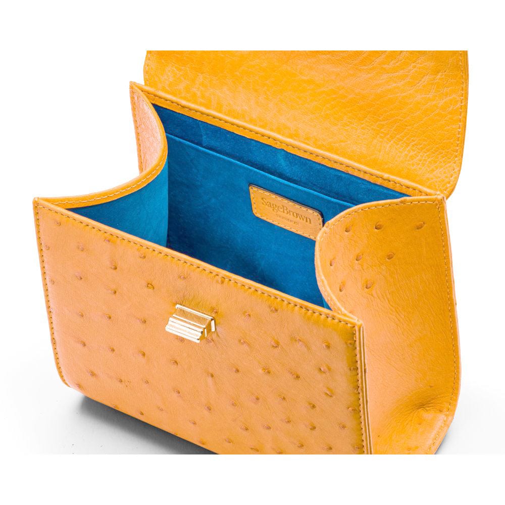 Mini ostrich leather Morgan Bag, top handle bag, yellow, inside