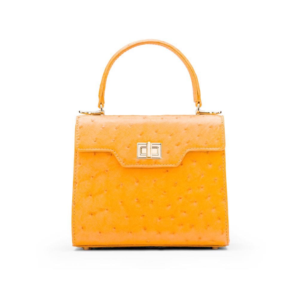 Mini ostrich leather Morgan Bag, top handle bag, yellow, front