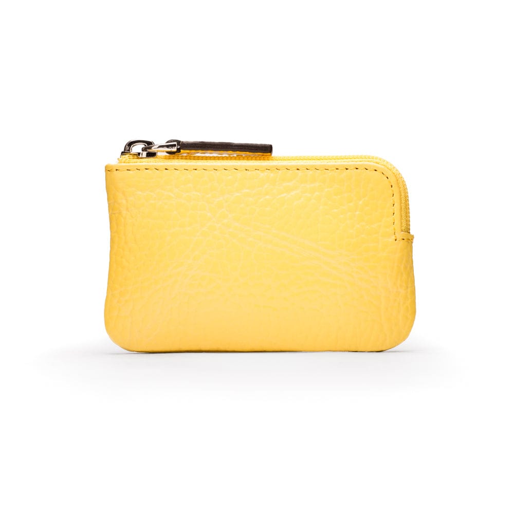 Miniature leather coin purse with key chain, yellow, front