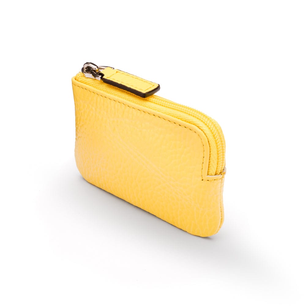 Miniature leather coin purse with key chain, yellow, top