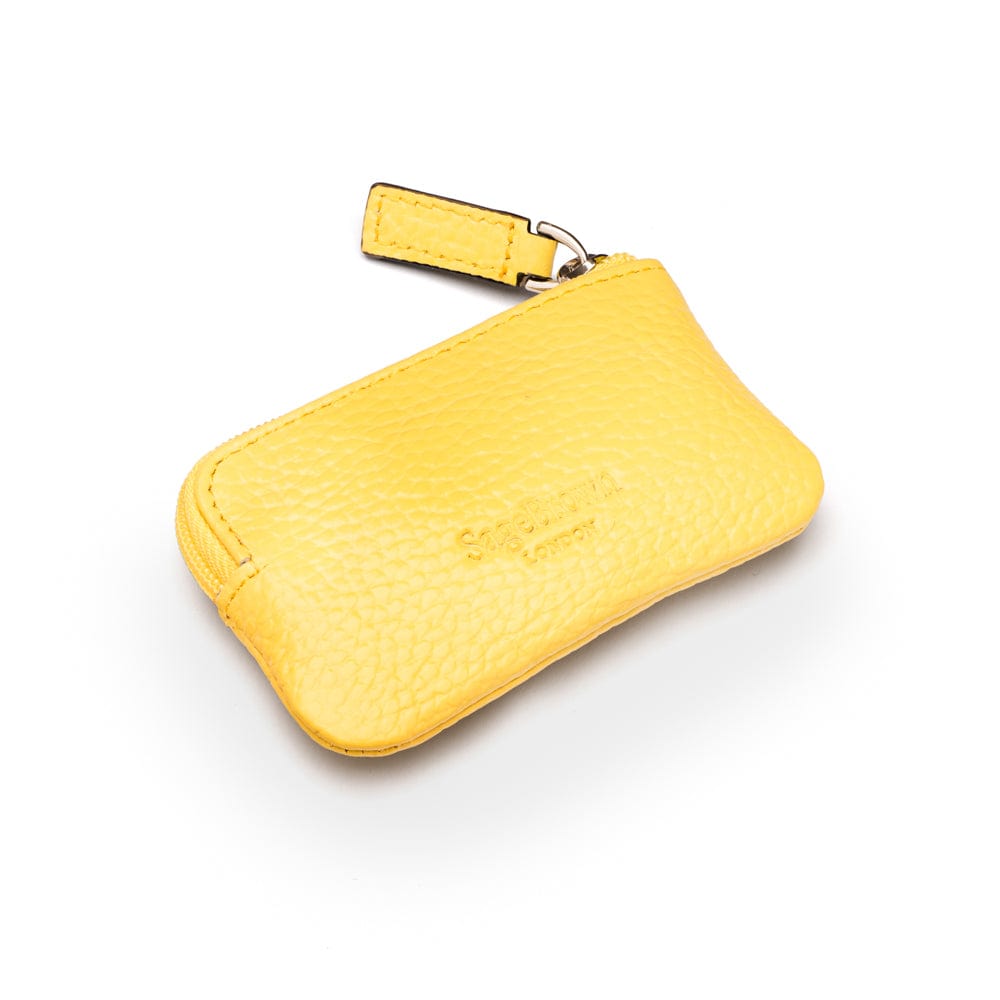 Miniature leather coin purse with key chain, yellow, back