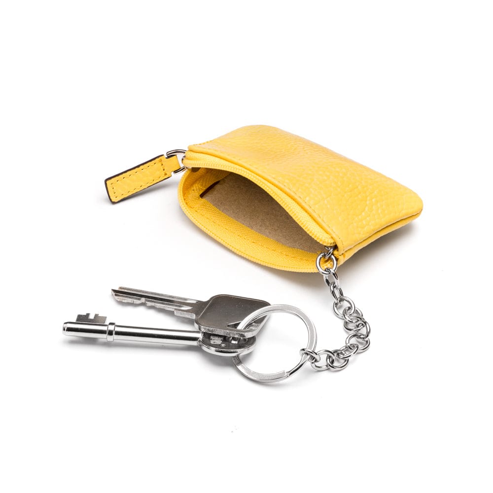 Miniature leather coin purse with key chain, yellow, inside