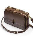 Small leather shoulder bag, brown saffiano, side view