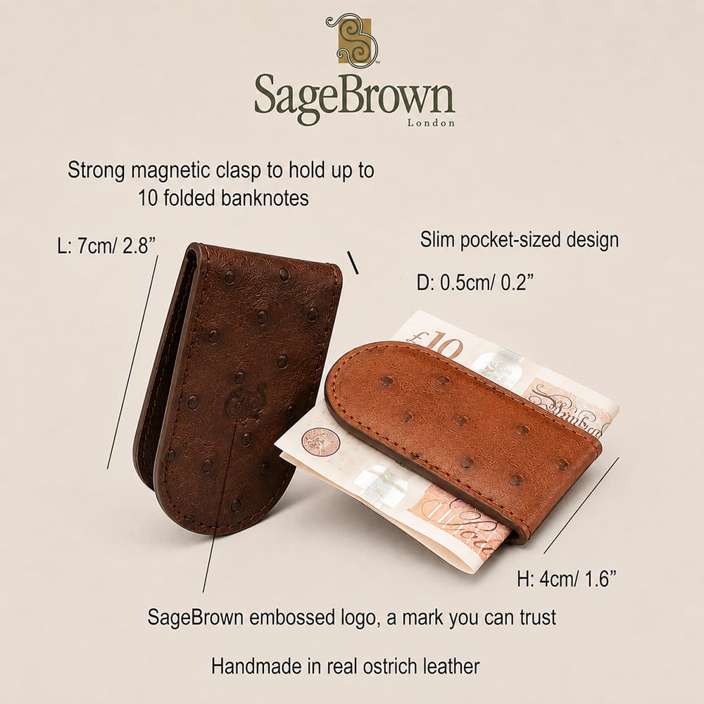 Real Ostrich Leather Magnetic Money Clip, features and dimensions