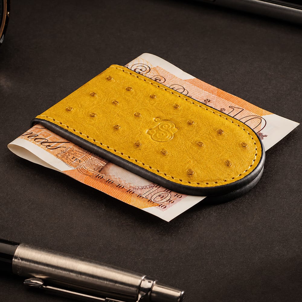Real Ostrich Leather Magnetic Money Clip, yellow, lifestyle
