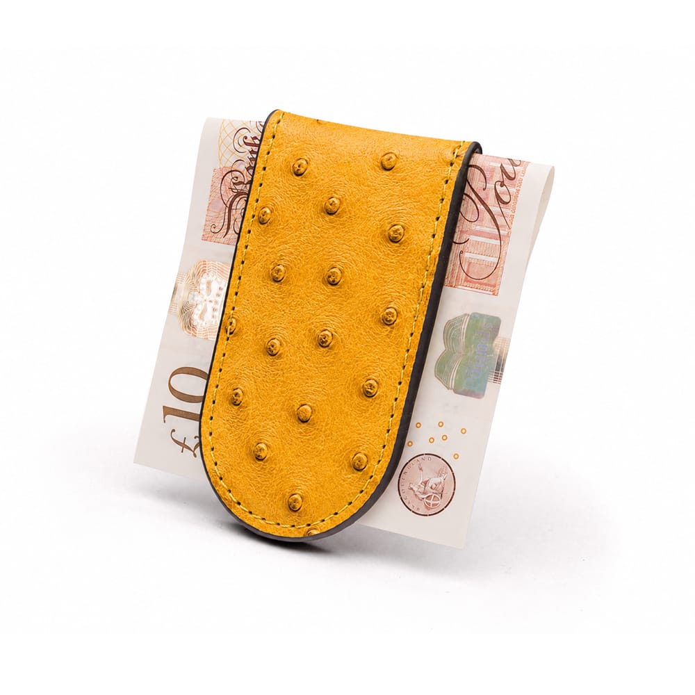 Real Ostrich Leather Magnetic Money Clip, yellow, back