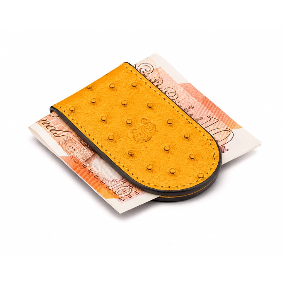 Real Ostrich Leather Magnetic Money Clip, yellow, front view