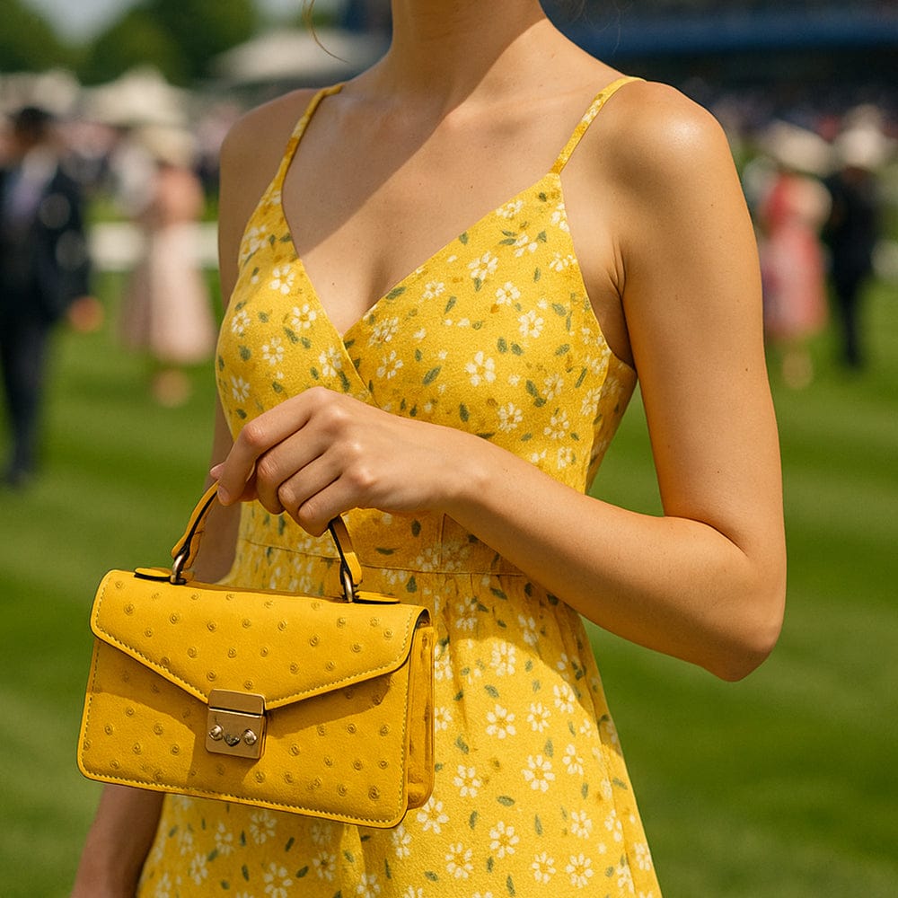 Real ostrich Maya bag, yellow ostrich, lifestyle