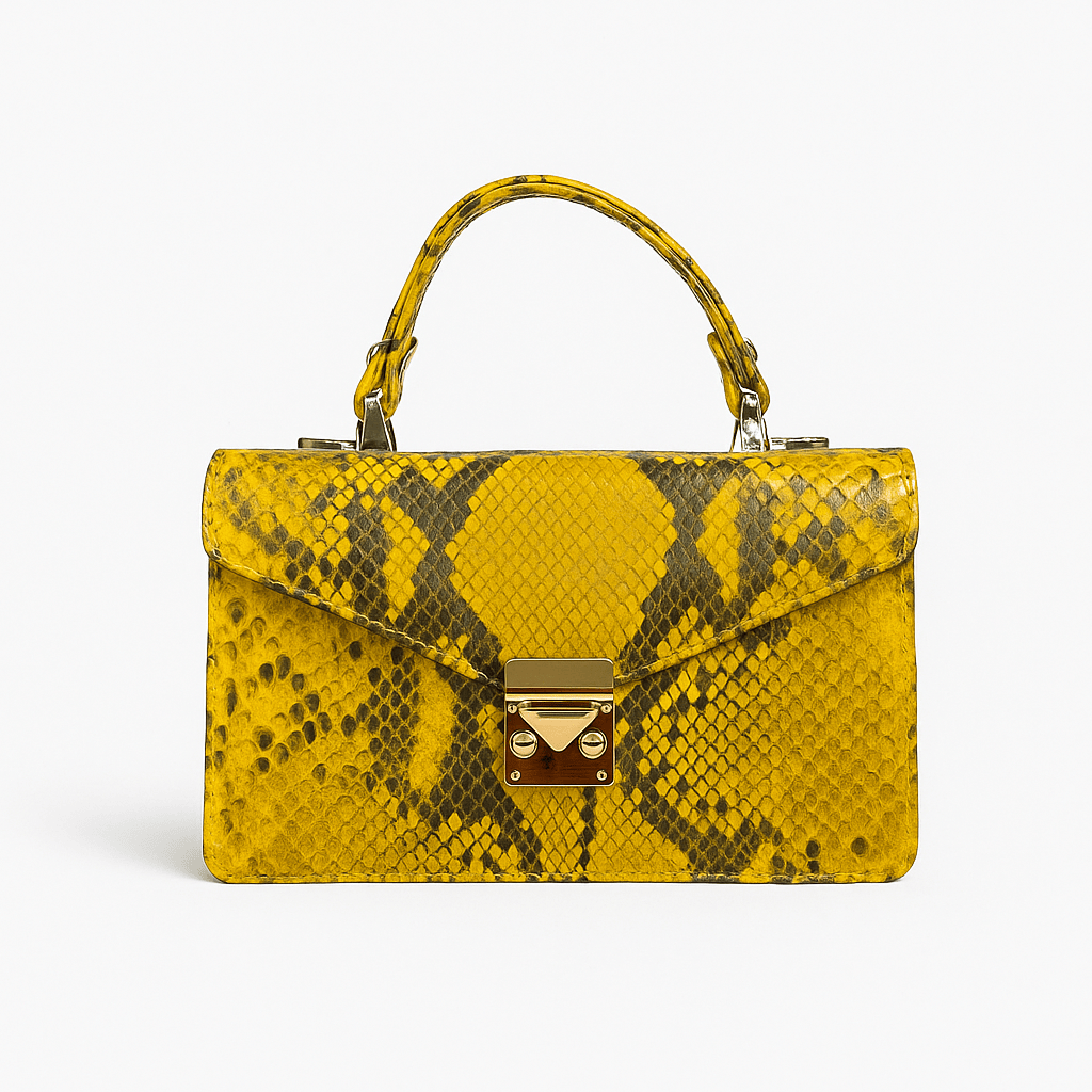 Real python Maya top handle bag, yellow, front