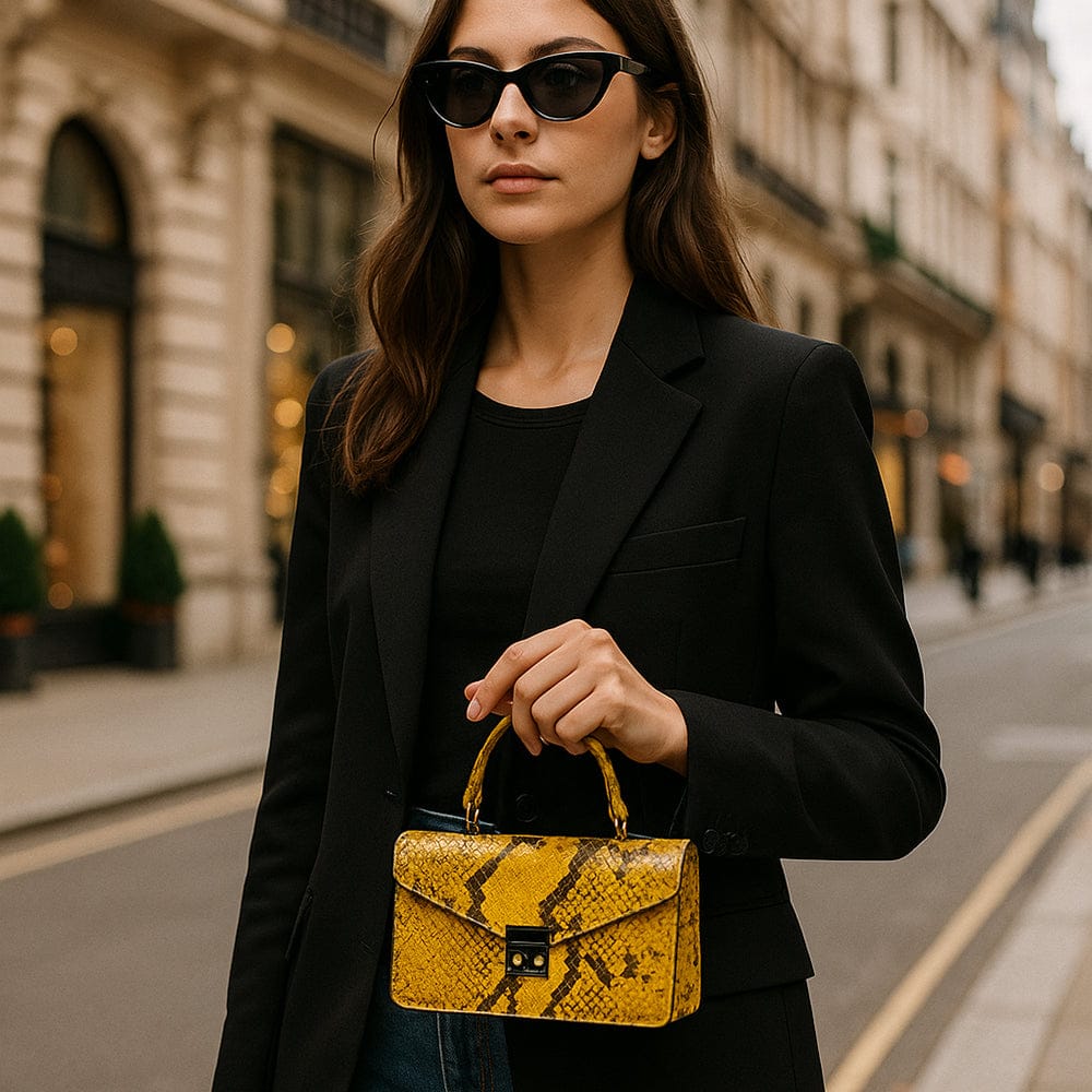 Real python Maya top handle bag, yellow, lifestyle