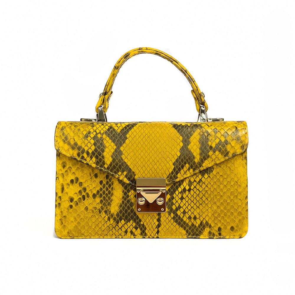 Real python Maya top handle bag, yellow, front