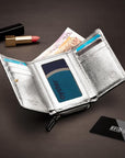 RFID blocking leather tri-fold purse, silver, lifestyle