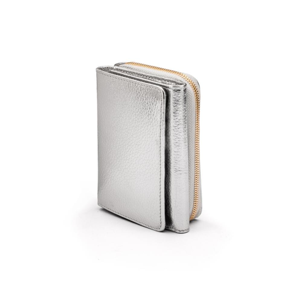 RFID blocking leather tri-fold purse, silver, front