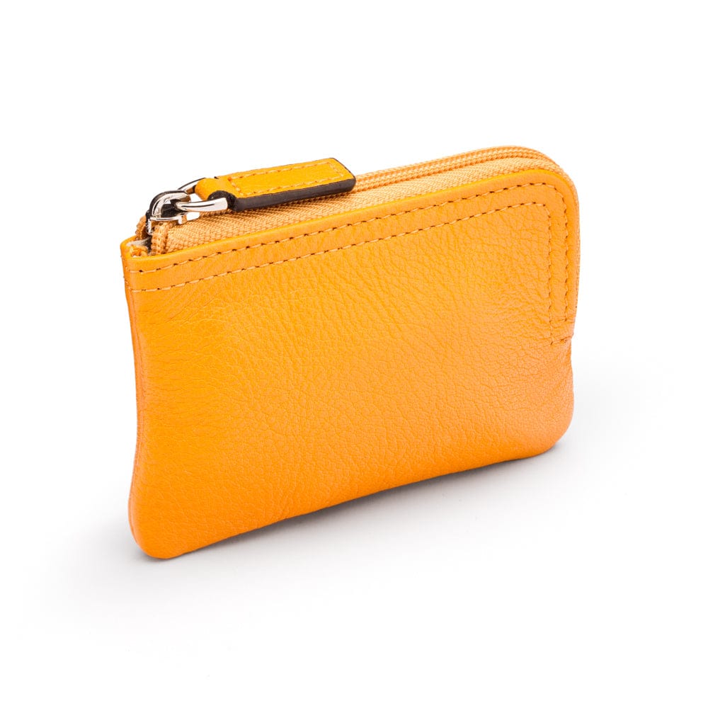 Small leather coin purse with key chain, yellow, top