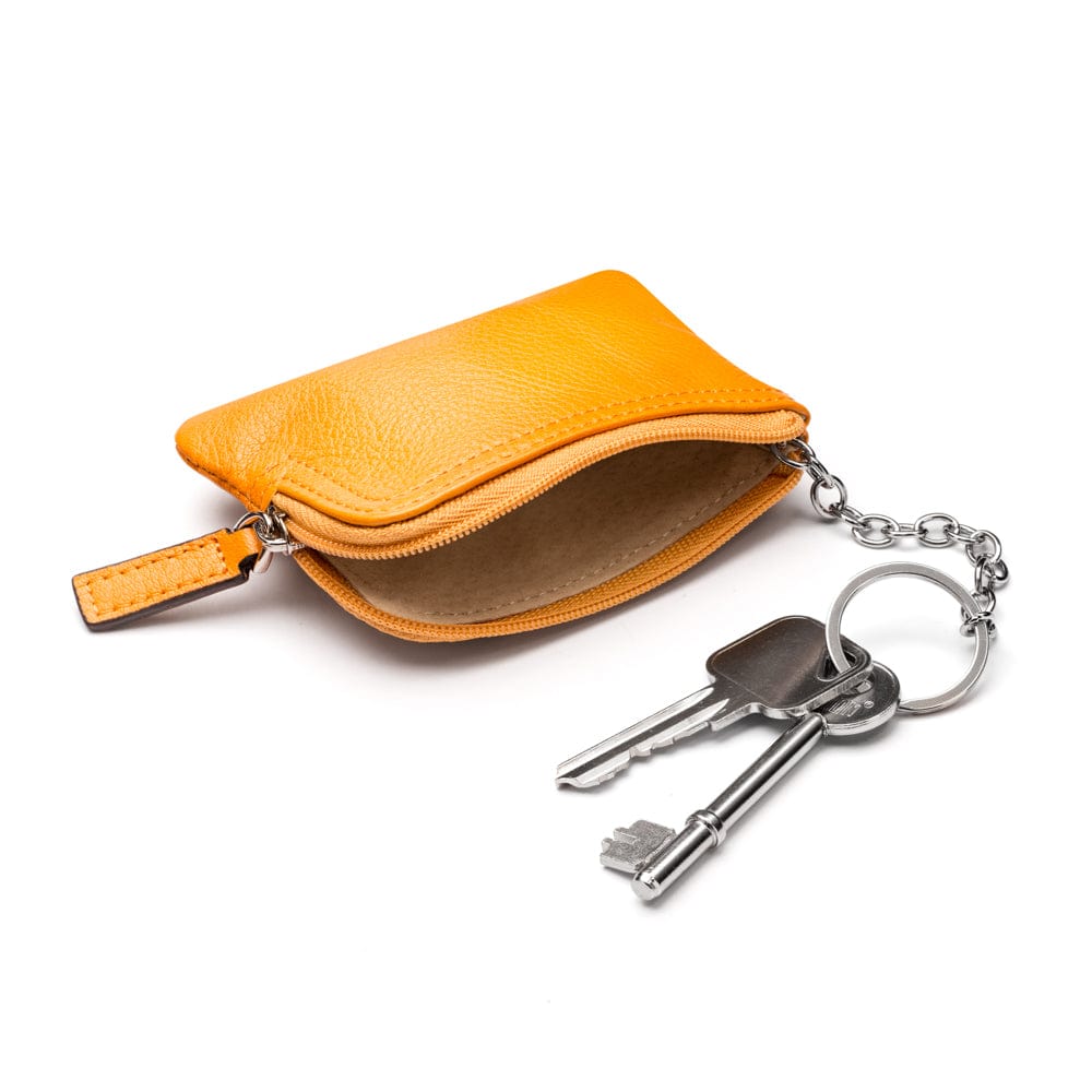 Small leather coin purse with key chain, yellow, inside