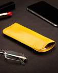 Small leather glasses case, soft yellow, lifestyle