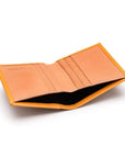 Two-tone compact leather billfold wallet 4 CC, yellow, open