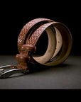 Woven leather belt with silver buckle, dark tan, video