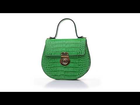 Top handle bag with rounded base, emerald croc, 360 video