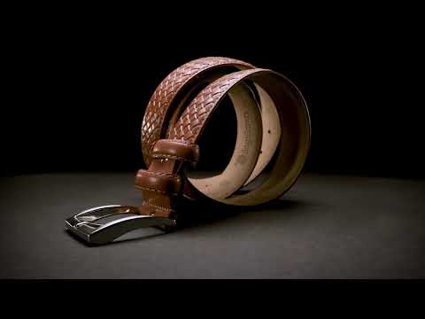 Woven leather belt with silver buckle, brown, video