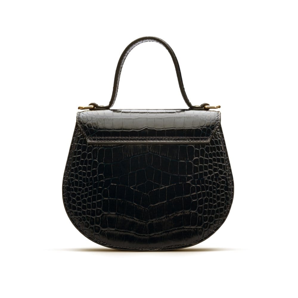 Top handle bag with rounded base, black croc, back view