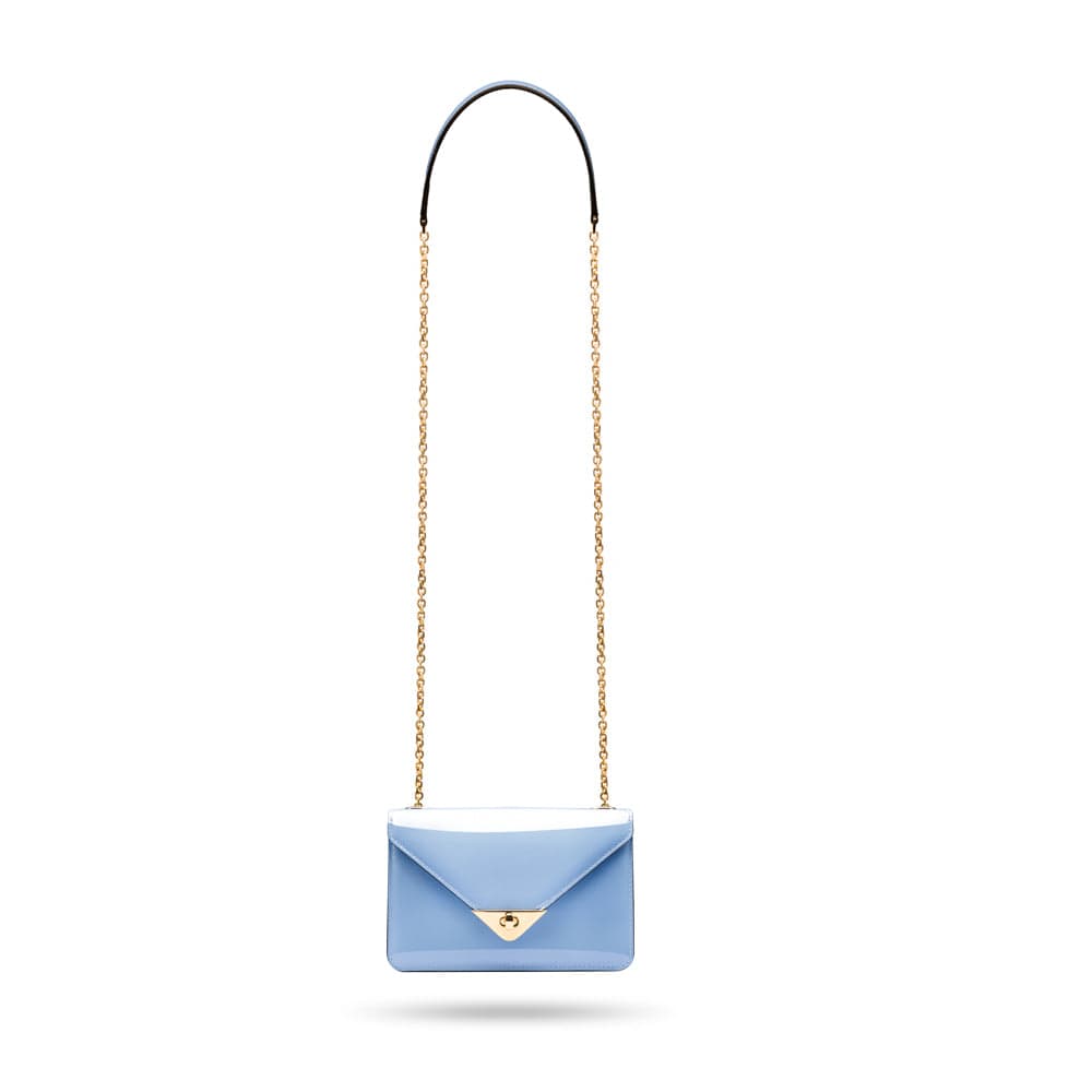 Small leather envelope chain bag, baby blue patent, with shoulder strap