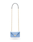 Small leather envelope chain bag, baby blue patent, with shoulder strap