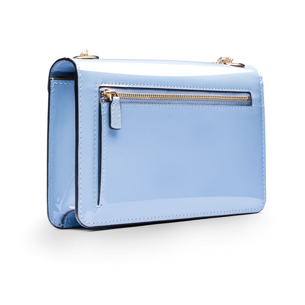 Small leather envelope chain bag, baby blue patent, back