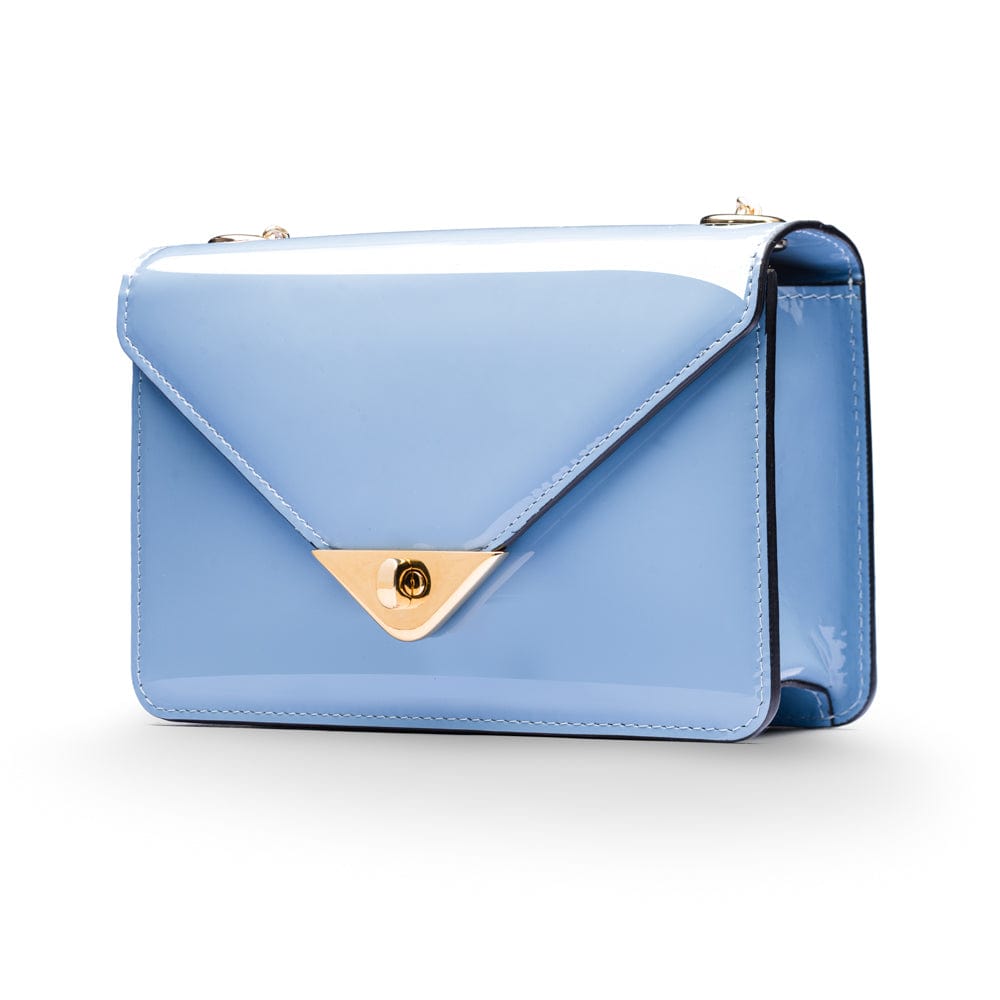 Small leather envelope chain bag, baby blue patent