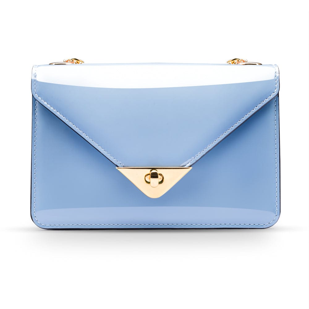 Small leather envelope chain bag, baby blue patent, front