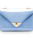 Small leather envelope chain bag, baby blue patent, front