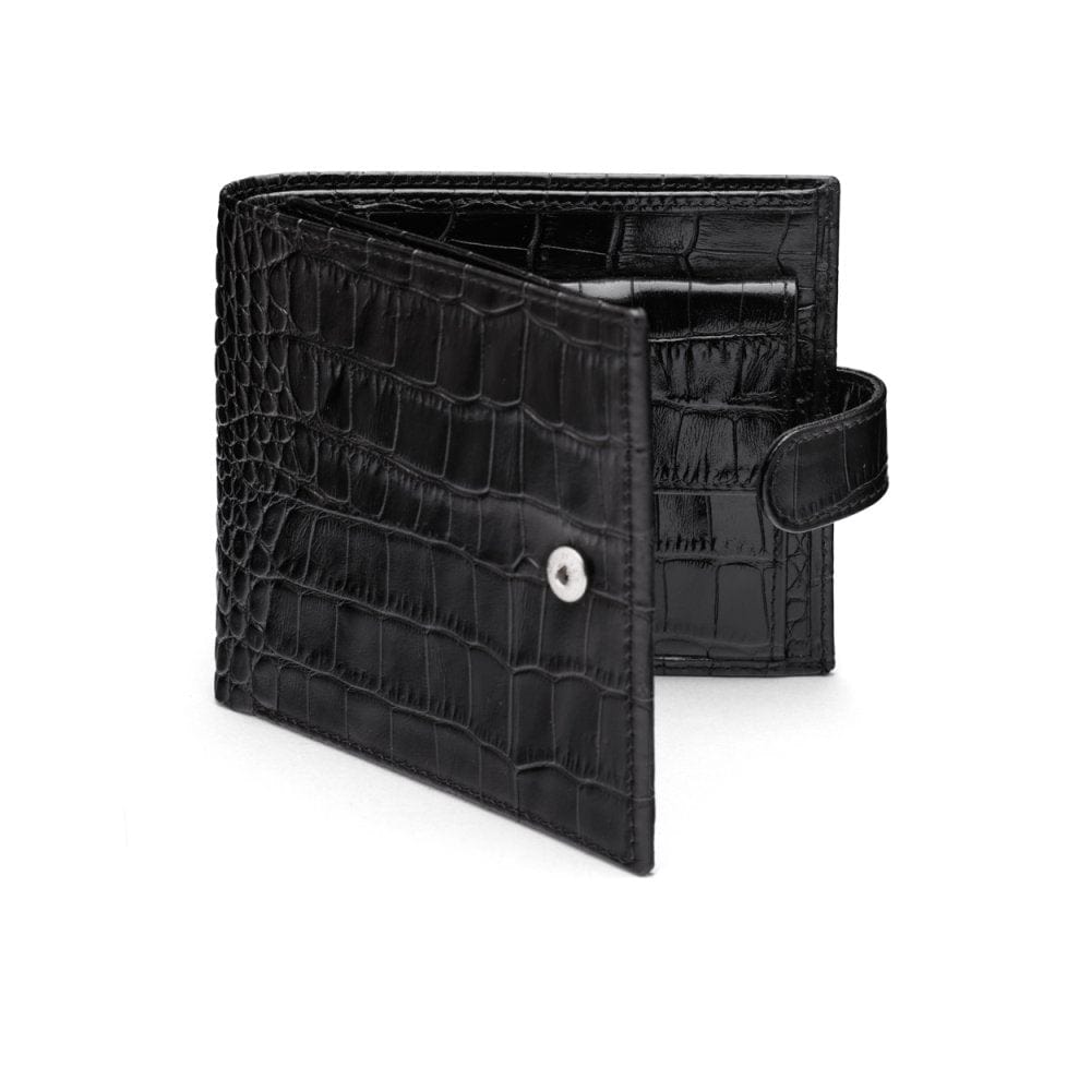 Leather wallet with coin purse, ID and tab closure, black croc, front