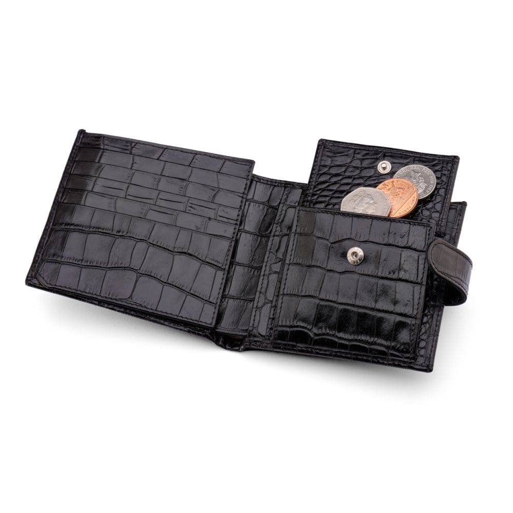 Leather wallet with coin purse, ID and tab closure, black croc, coin purse open