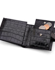 Leather wallet with coin purse, ID and tab closure, black croc, coin purse open