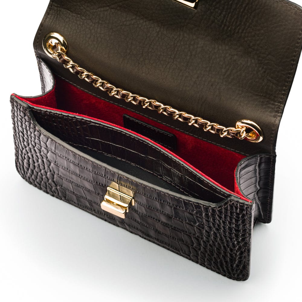 Mini chain bag, black croc, inside view