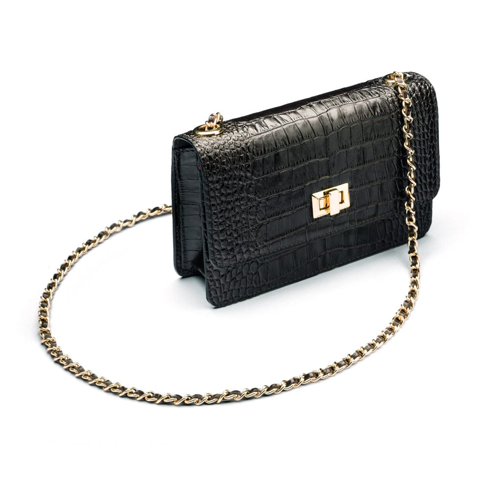 Mini chain bag, black croc, chain strap view