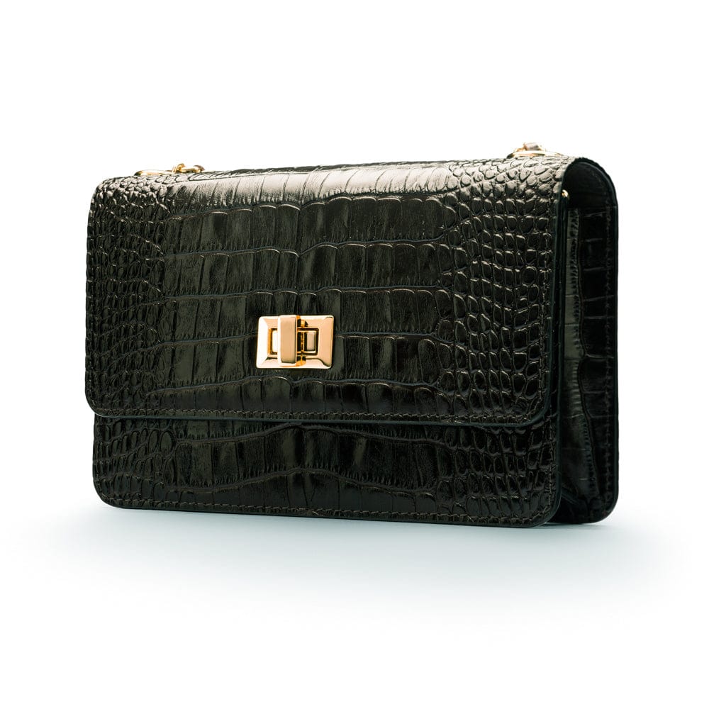 Mini chain bag, black croc, side view