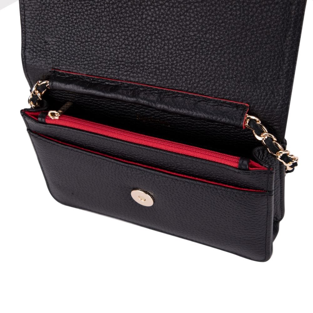 Small leather chain bag, black, open