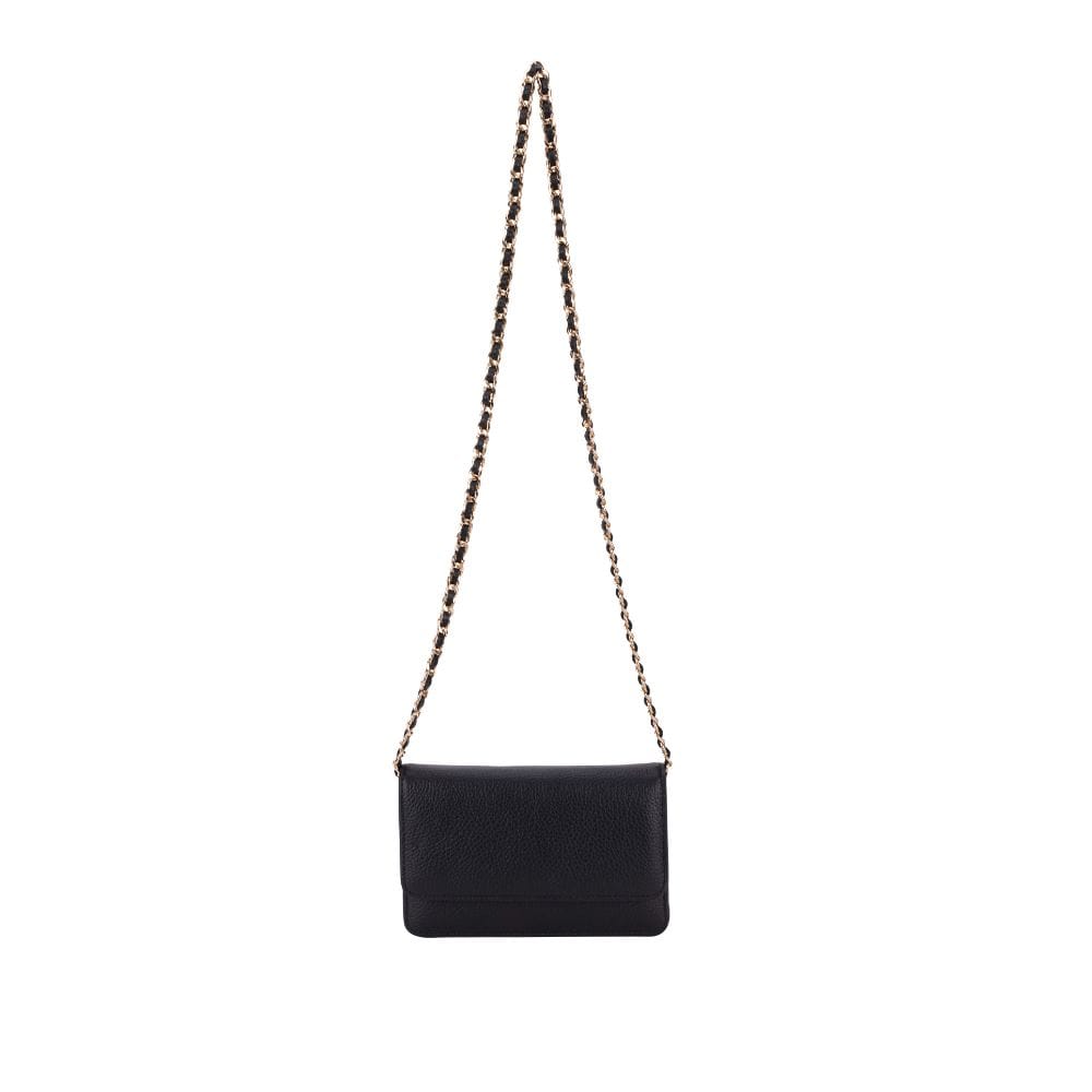 Small leather chain bag, black, long chain strap