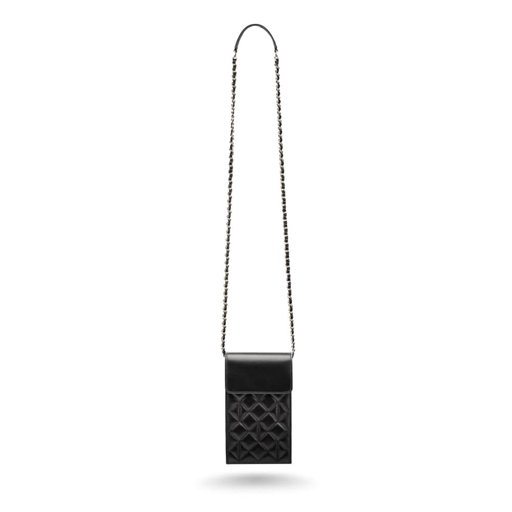 Leather phone bag, black, with long shoulder strap