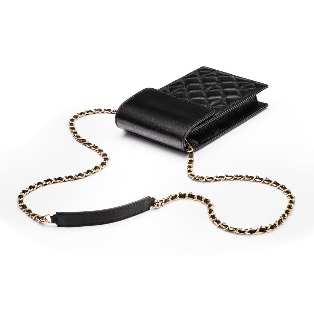 Leather phone bag, black, with chain strap