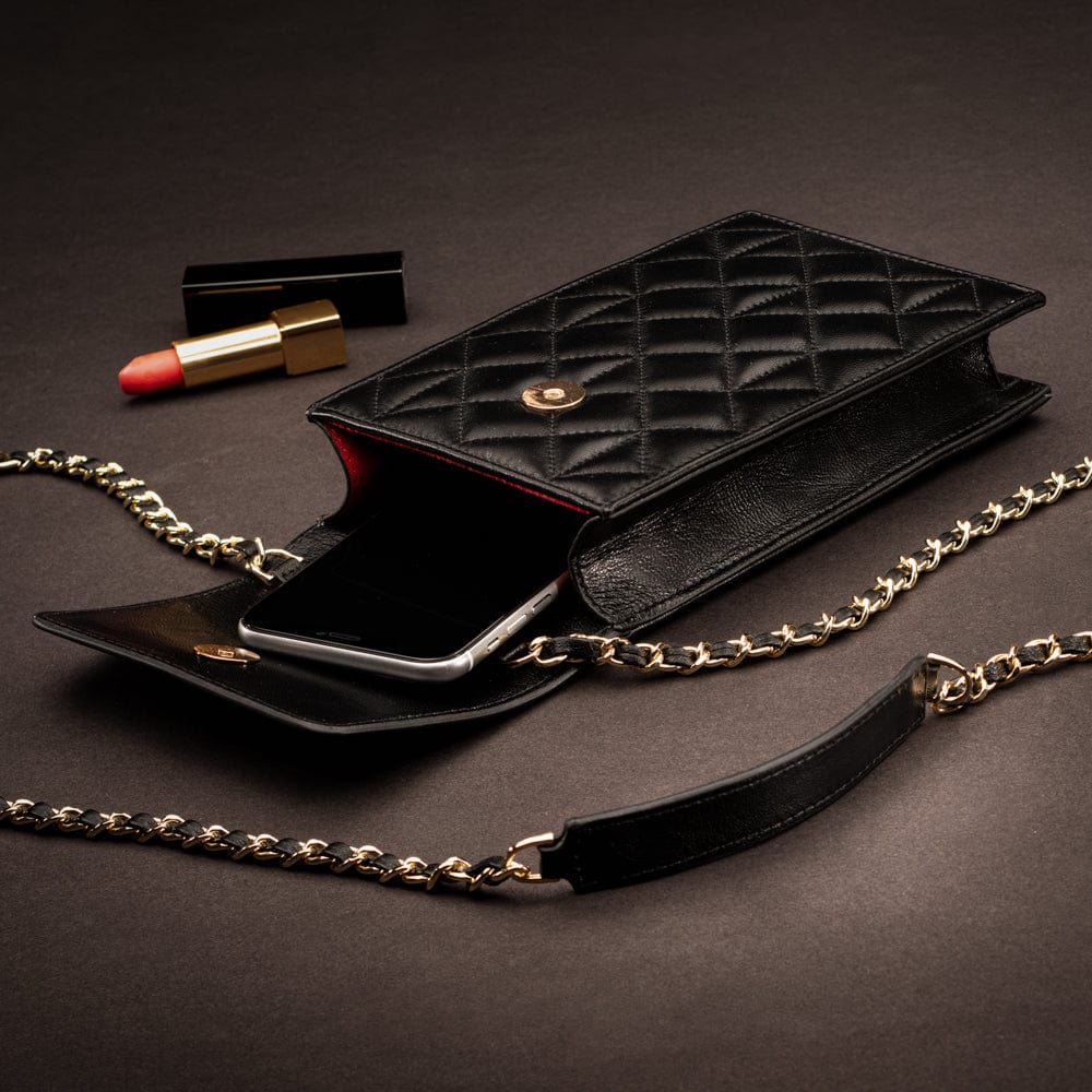 Leather phone bag, black, lifestyle